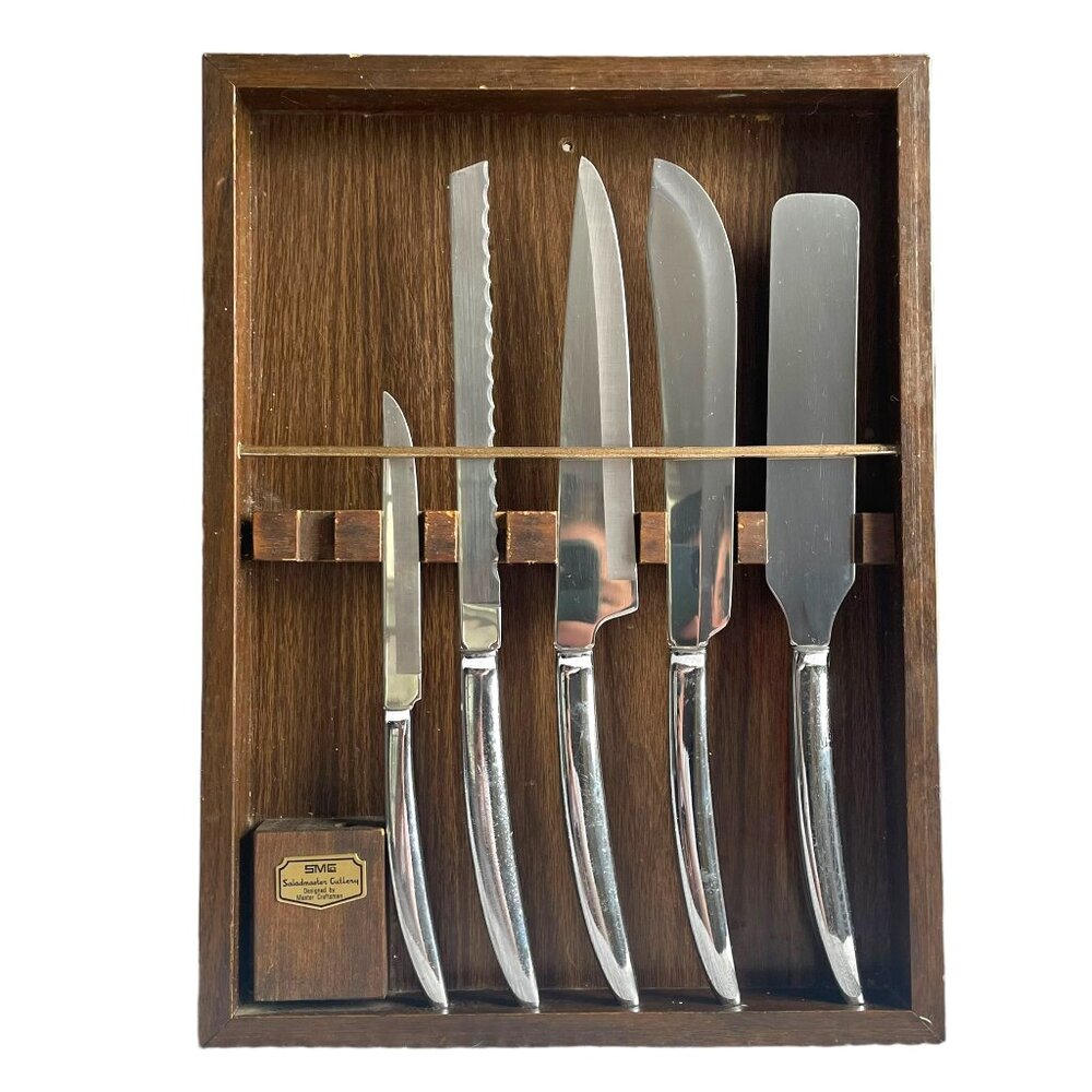Vintage Mid Century Saladmaster Knife Set Wooden Holder 5 Piece Kitchen Knives